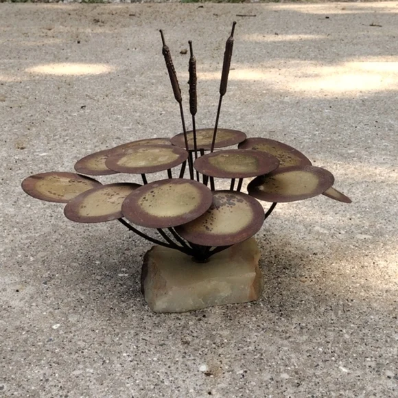 Vintage patina metal cattails and lily pads